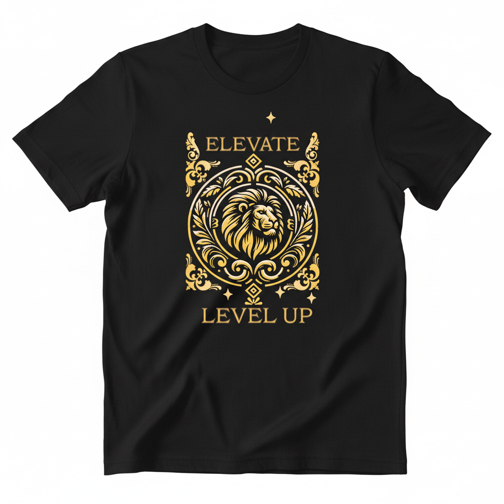 ELEVATE LEVEL UP gold lion crest black t-shirt product shot