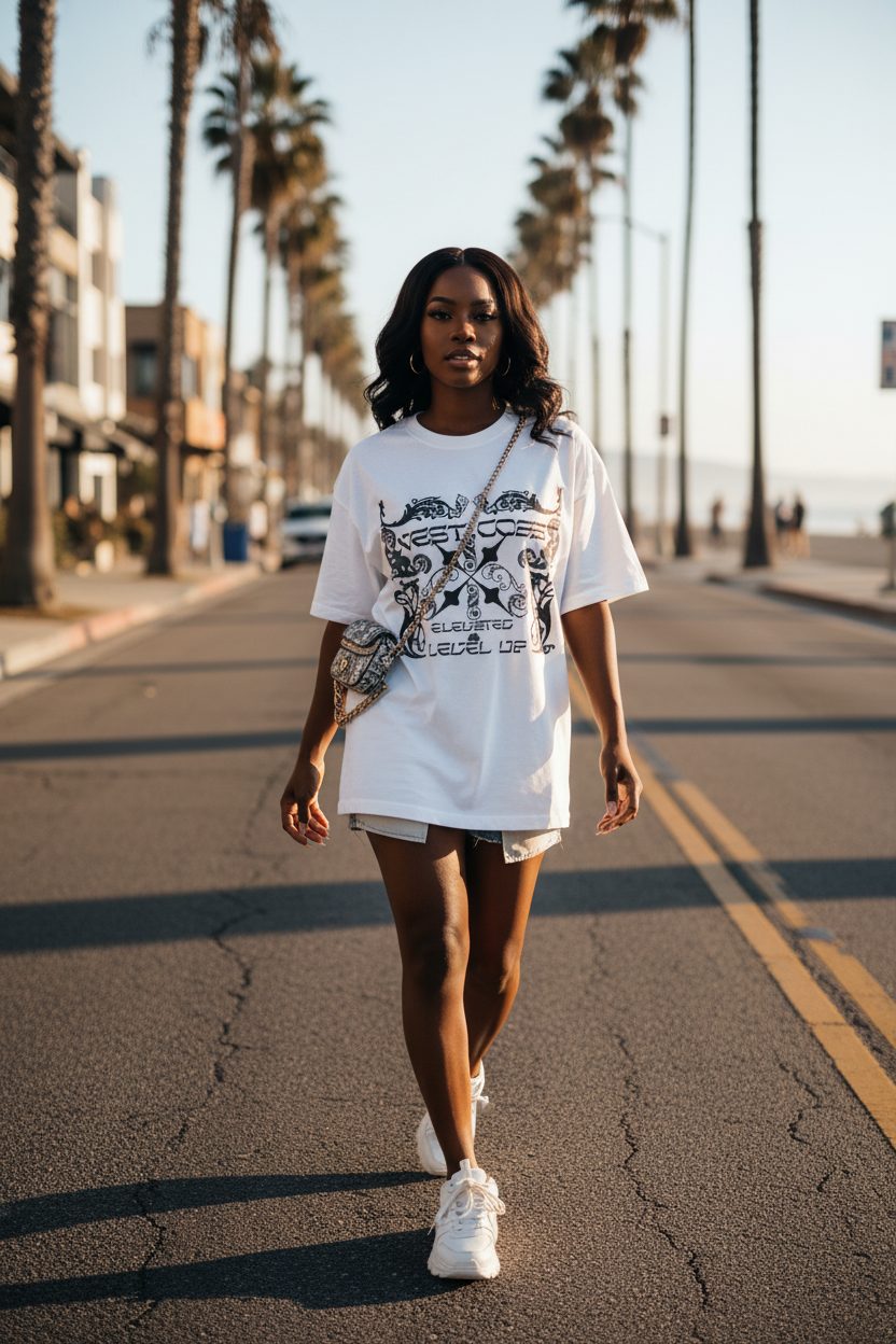 Black female model wearing white West Coast gothic graphic tee in Orange County California