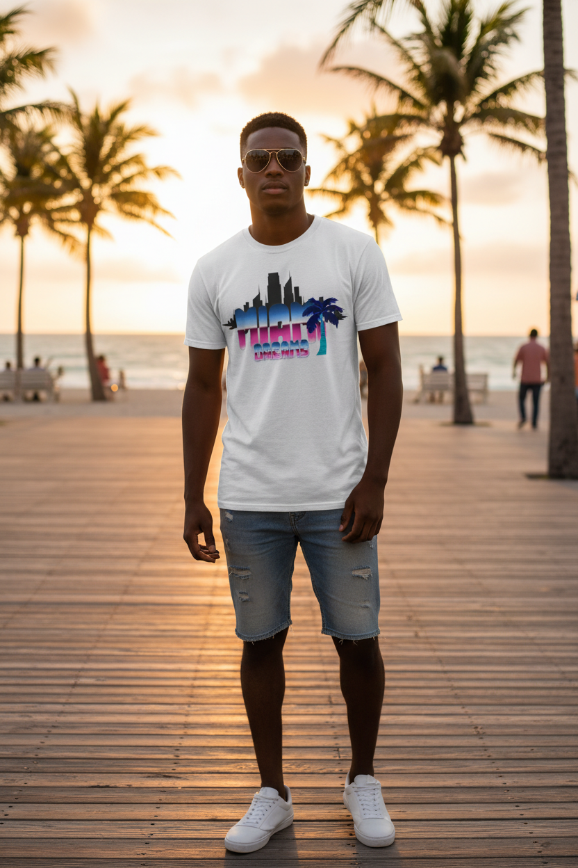 African American man wearing Miami Dreams tee on Miami Beach boardwalk