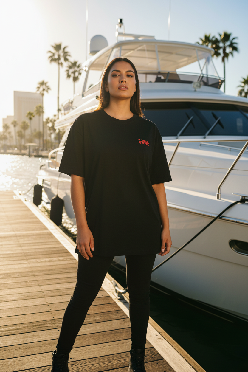 Hispanic female model wearing black Money & Sunflowers Graphic Tee front print on yacht dock San Diego
