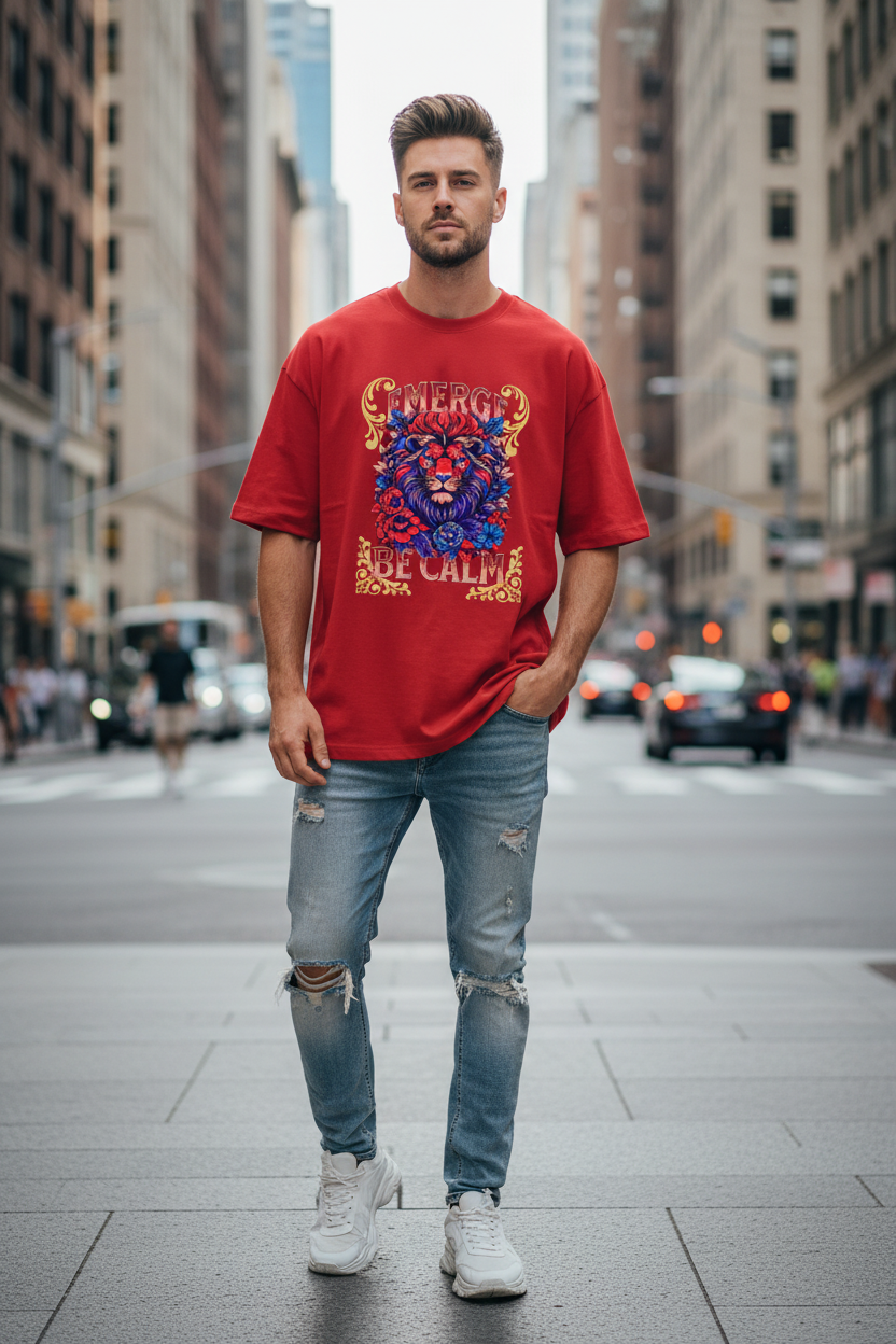 White male model wearing red Emerge Be Calm Lion T-Shirt in urban city