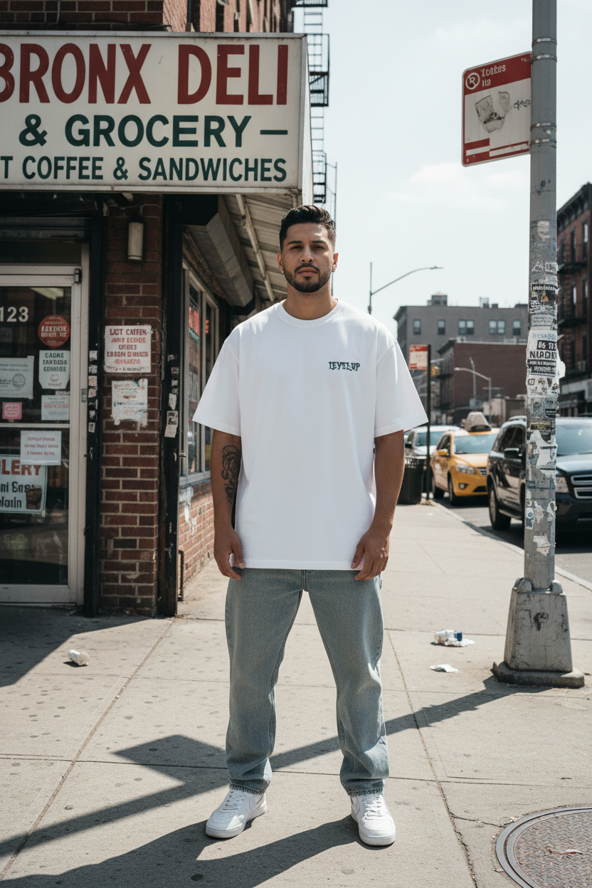 Puerto Rican male model wearing white Level-Up Boxy Tee outside Bronx deli shop
