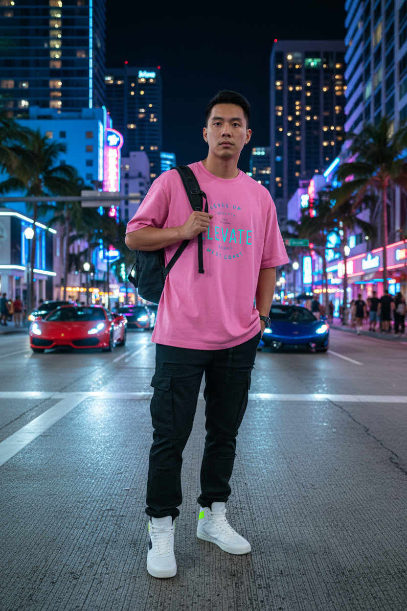 Asian male model wearing pink Sky Is The Limit Tee on Miami streets at night with sports cars