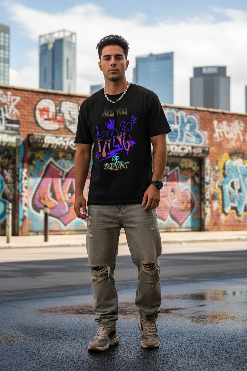 Guy wearing King or Servant tee in the city