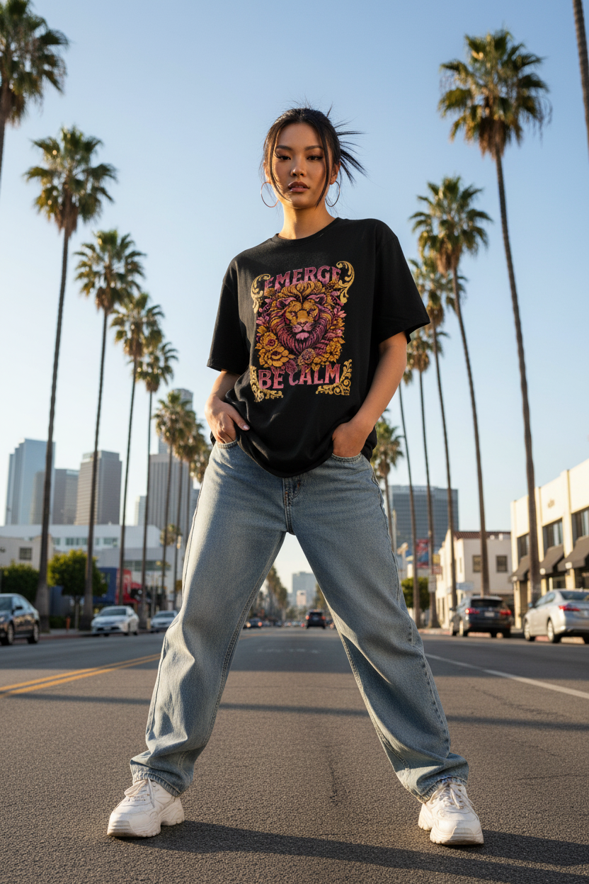 Asian female model wearing Emerge Be Calm Lion T-Shirt in Los Angeles