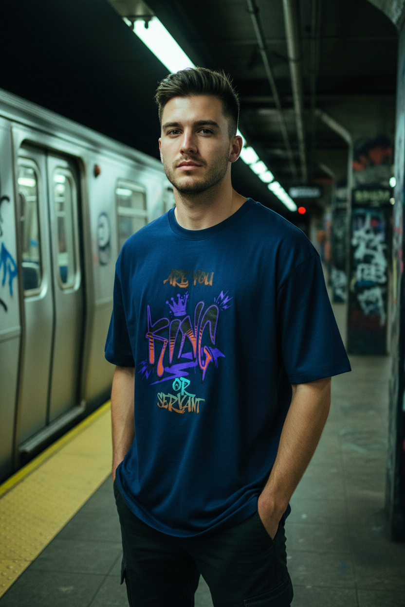 White male model wearing navy blue King Graffiti t-shirt in NJ subway
