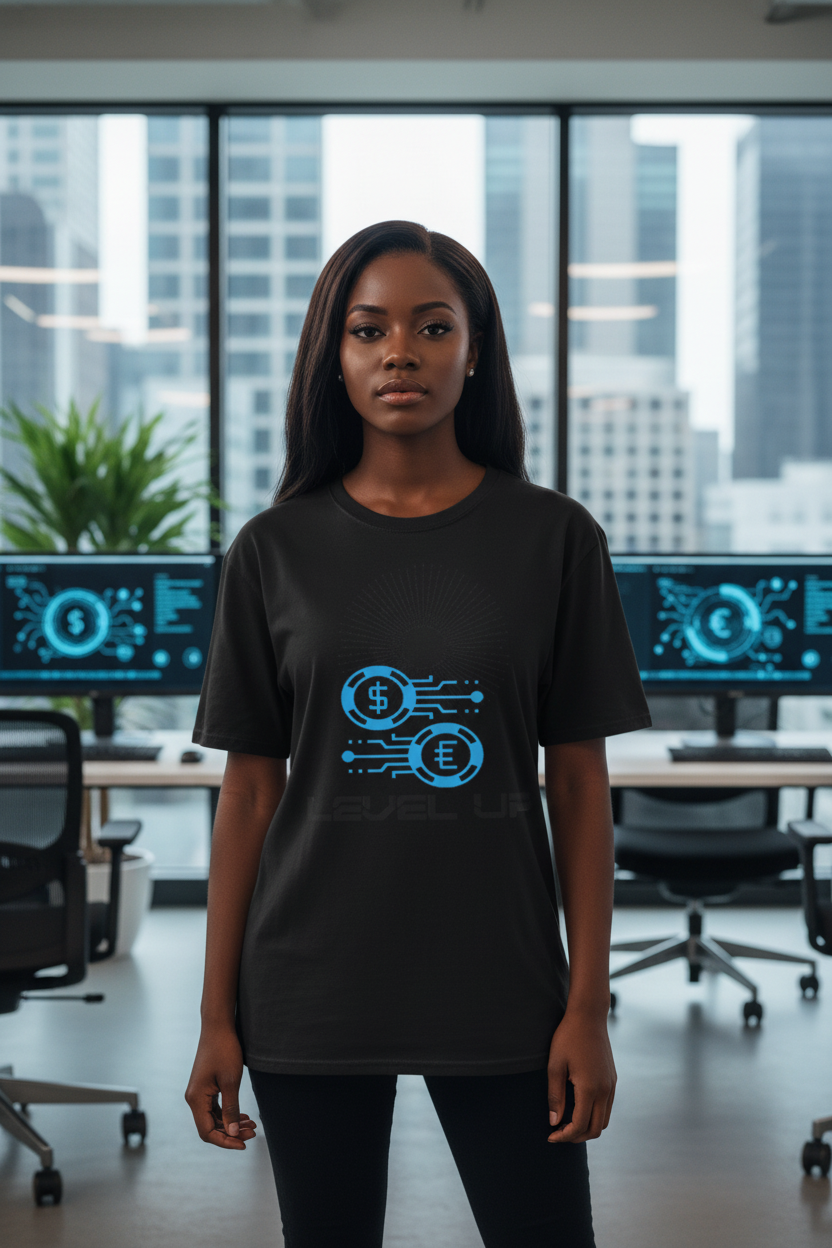 Black female model wearing black Level Up Gaming t-shirt in tech office