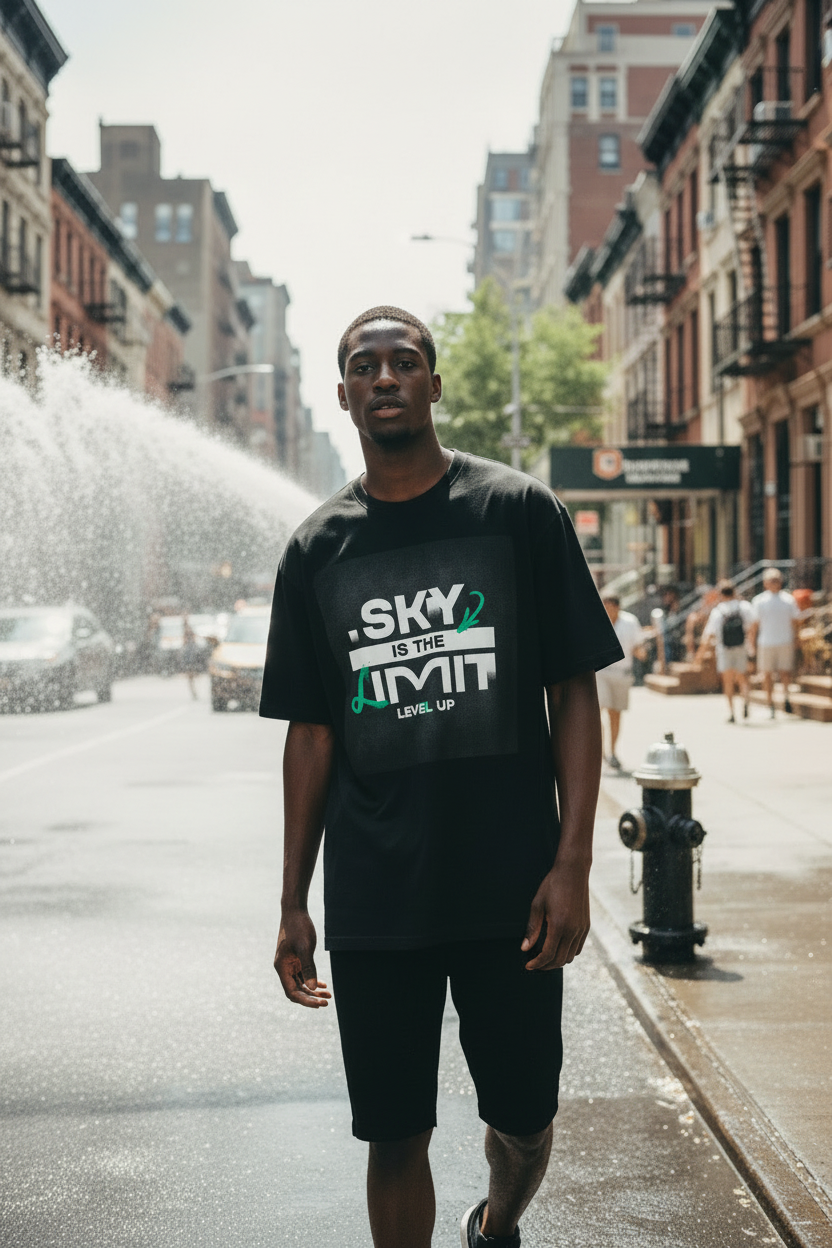 Black male model wearing black Sky Is The Limit t-shirt in NYC summer