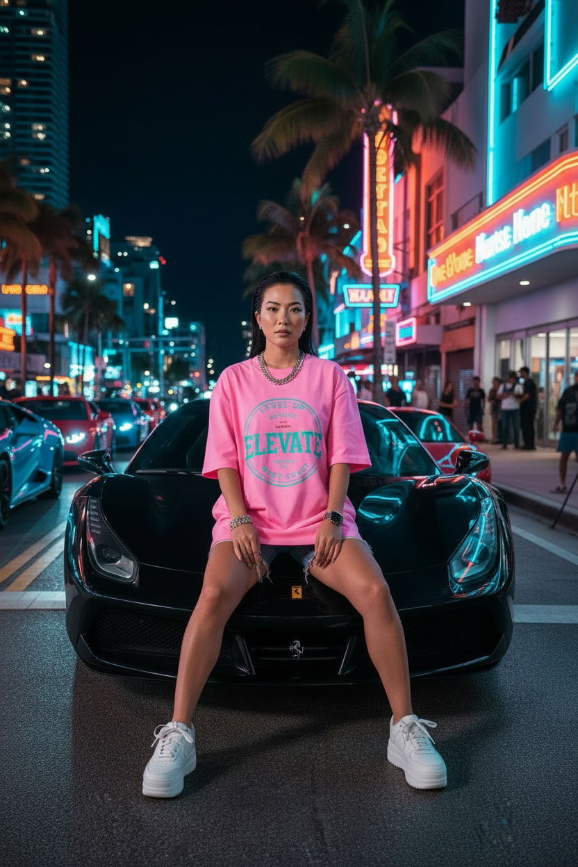Asian female model wearing pink Sky Is The Limit Tee on Miami streets at night with sports cars
