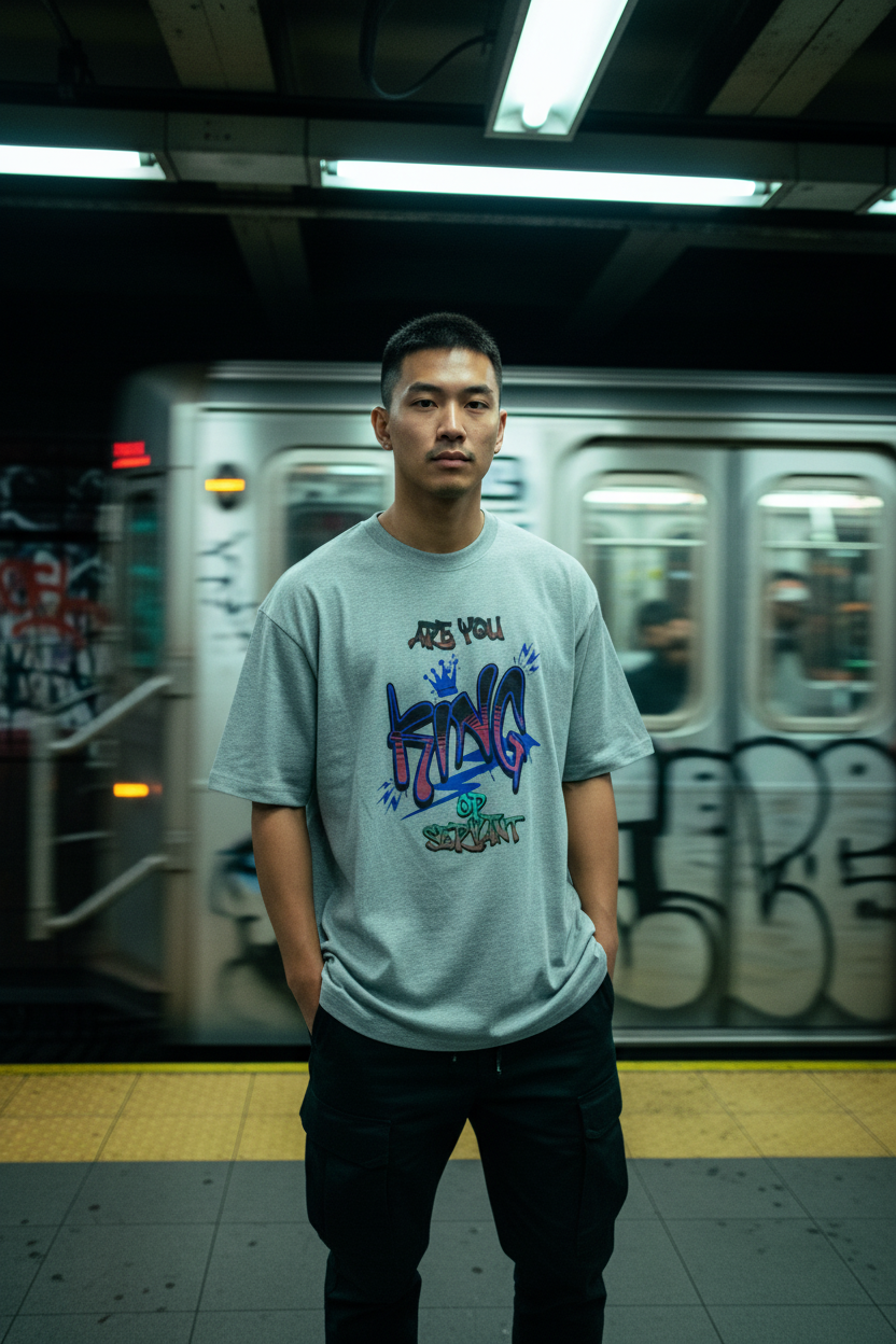 Asian male model wearing grey King Graffiti t-shirt in NJ subway