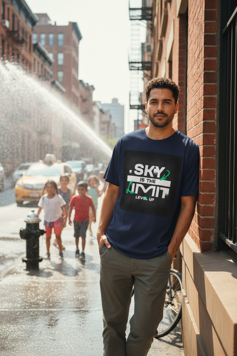Hispanic male model wearing blue Sky Is The Limit t-shirt in NYC summer