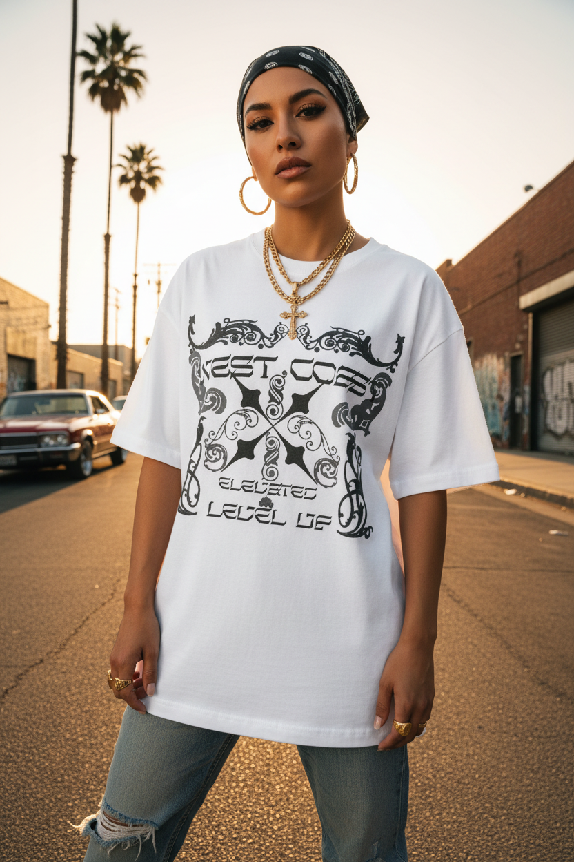 Hispanic female model wearing West Coast gothic graphic tee on California street