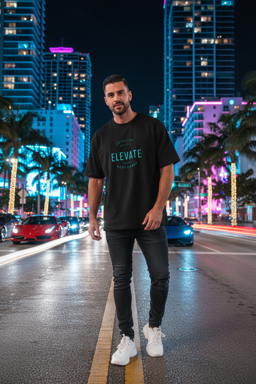 Hispanic male model wearing Sky Is The Limit Tee on Miami streets at night with sports cars
