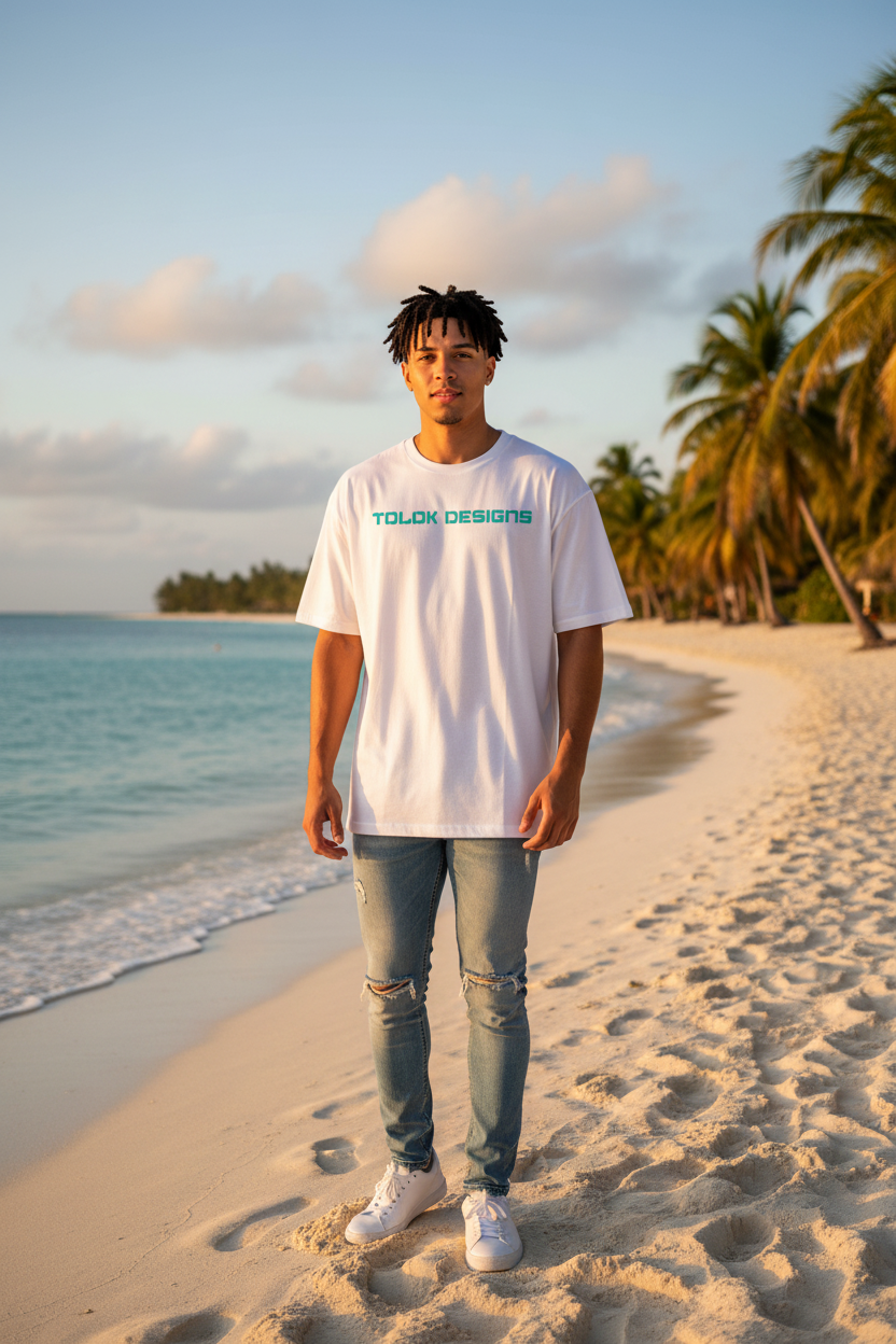 Hispanic male model front TOLOK DESIGNS logo Caribbean beach
