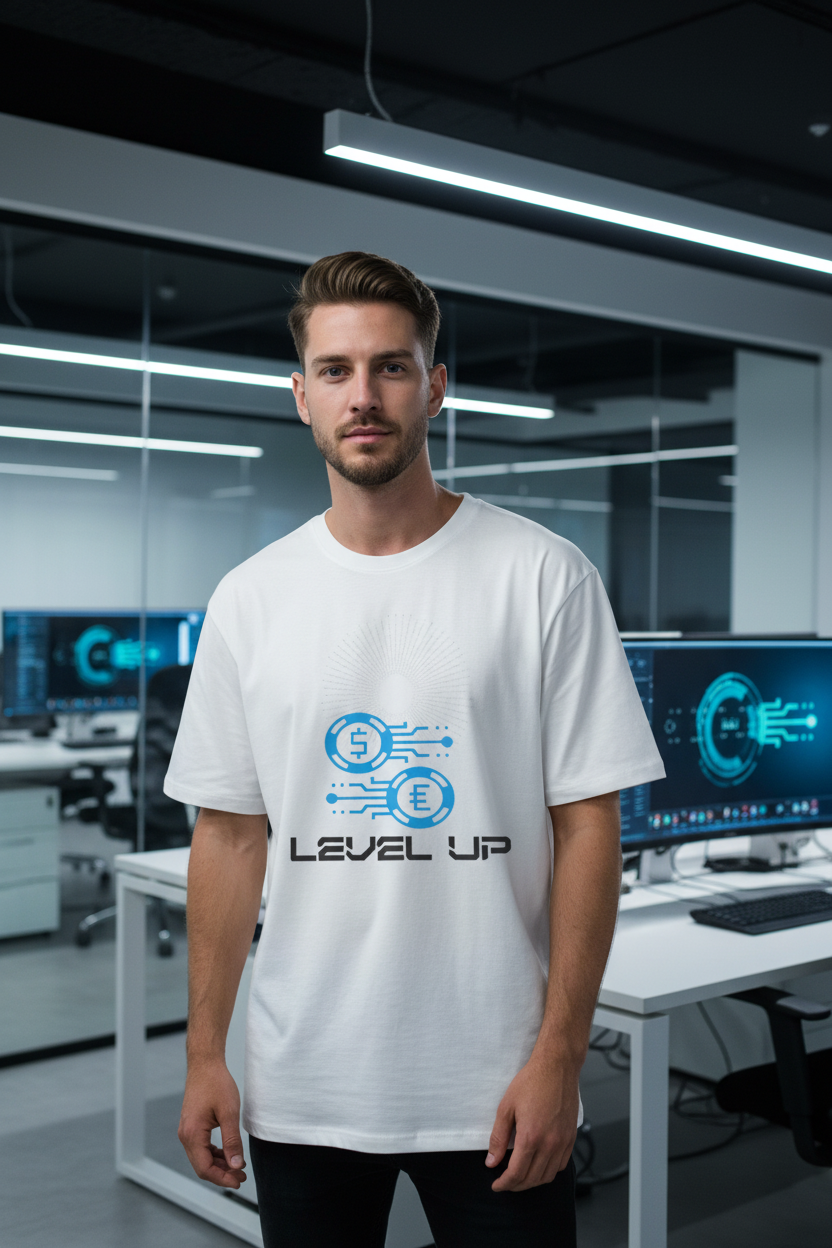 White male model wearing white Level Up Gaming t-shirt in tech office