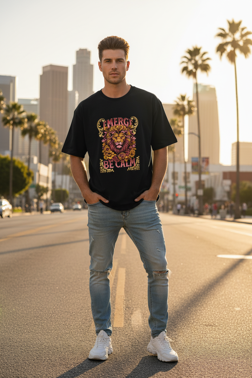 White male model wearing Emerge Be Calm Lion T-Shirt in Los Angeles
