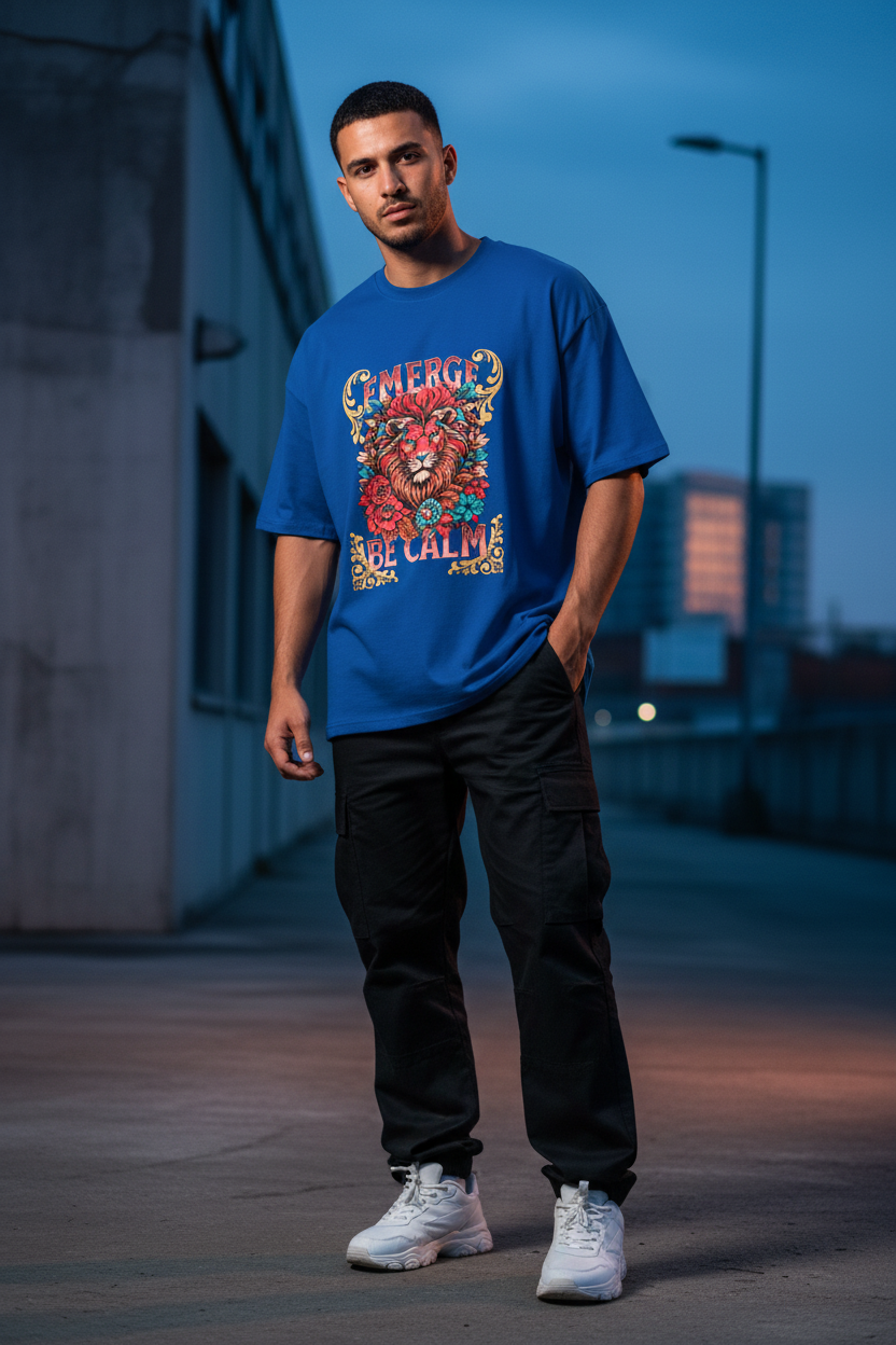 Emerge Be Calm Lion T-Shirt — Bold Floral Lion Graphic Tee