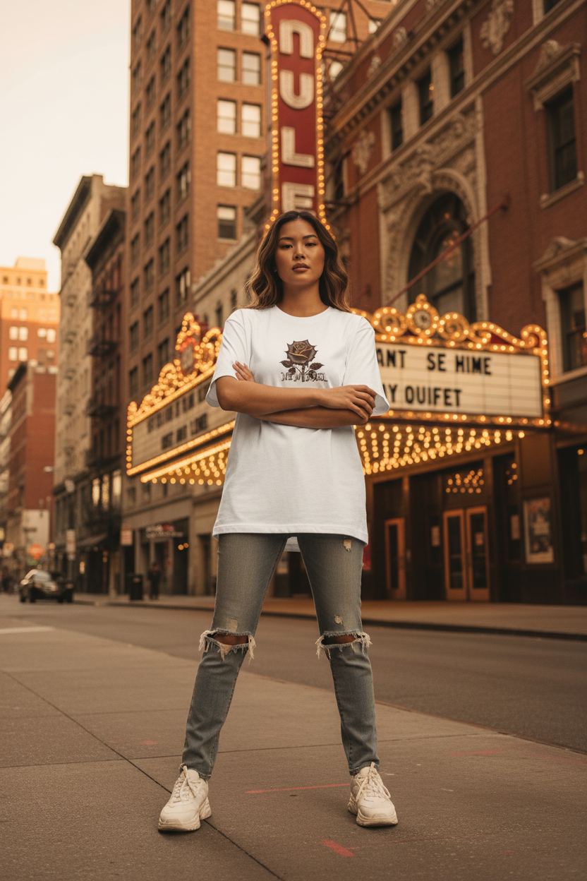 Asian female model wearing white Acclimated t-shirt front view city theater