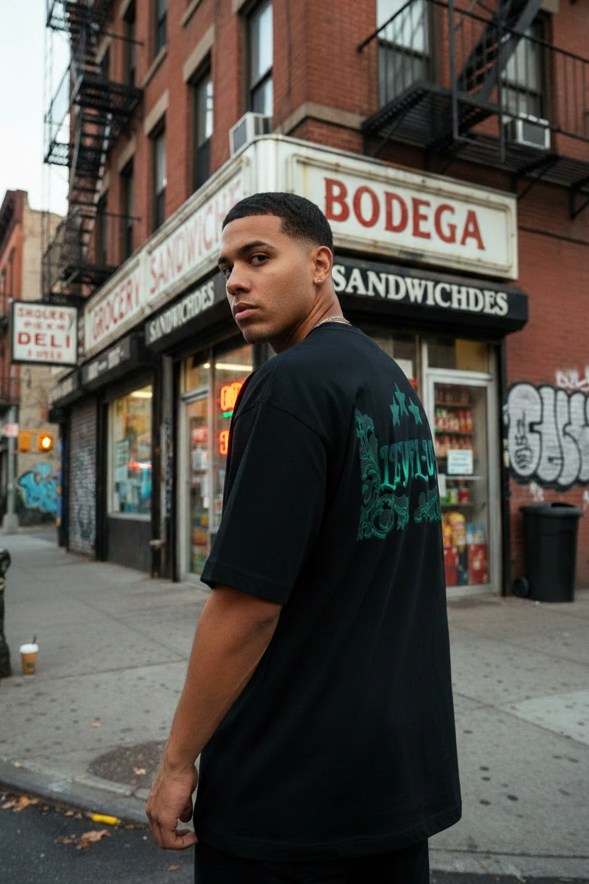 Puerto Rican male model showing back of black Level-Up Boxy Tee outside Bronx deli shop