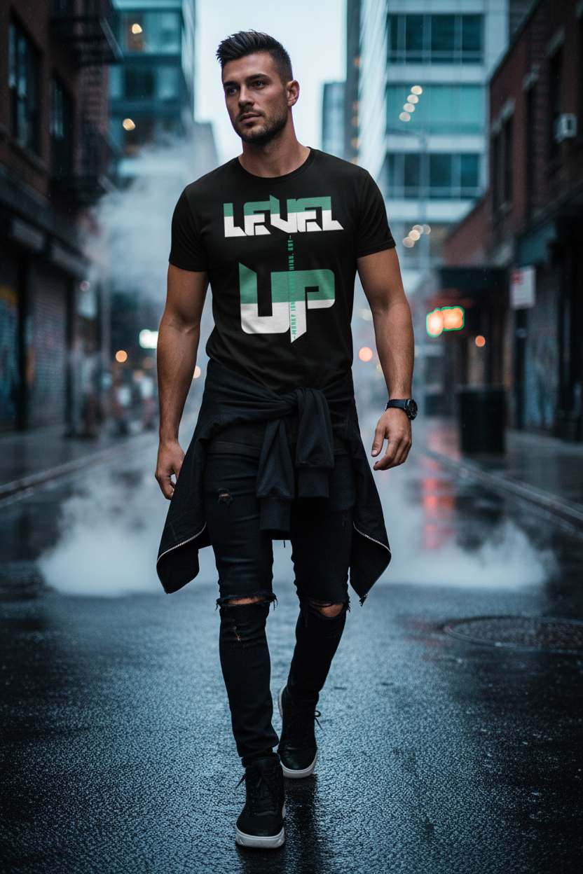 Male model wearing Level Up black t-shirt