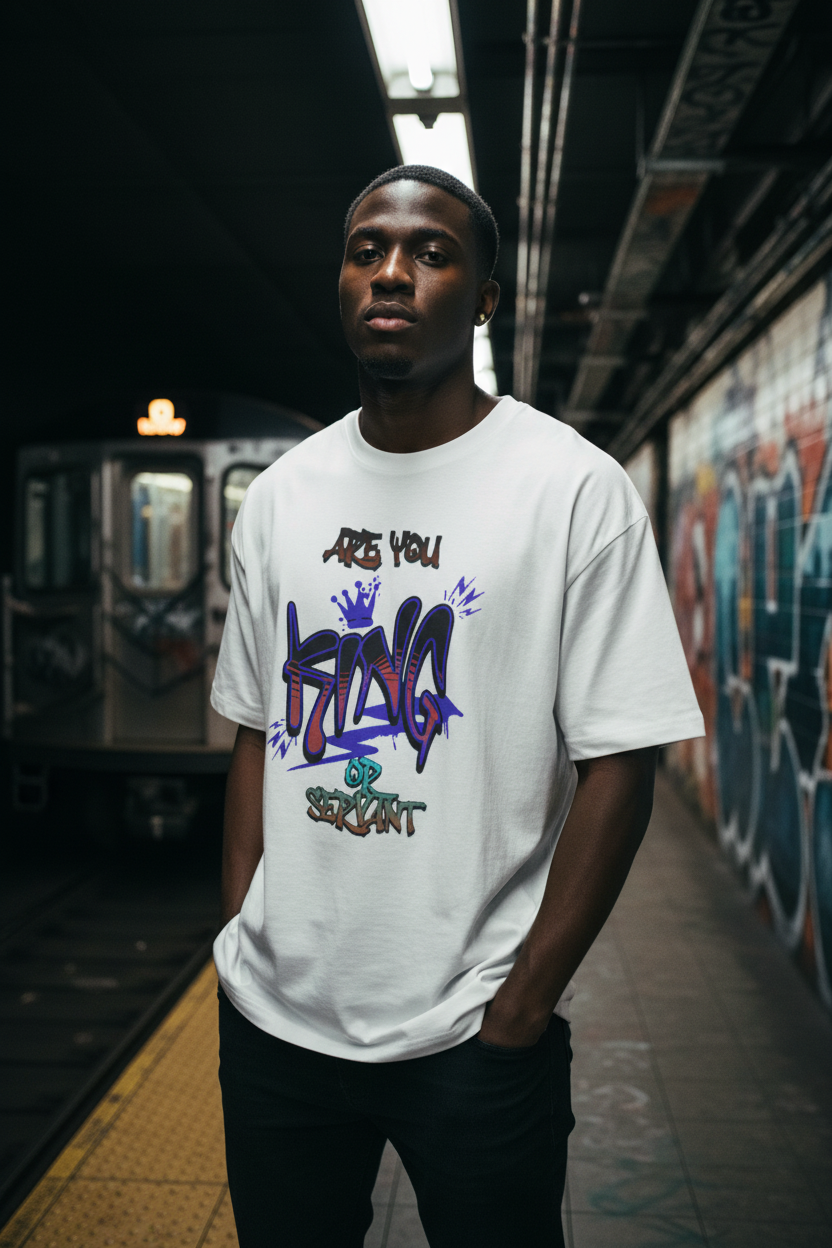 Black male model wearing white King Graffiti t-shirt in NJ subway