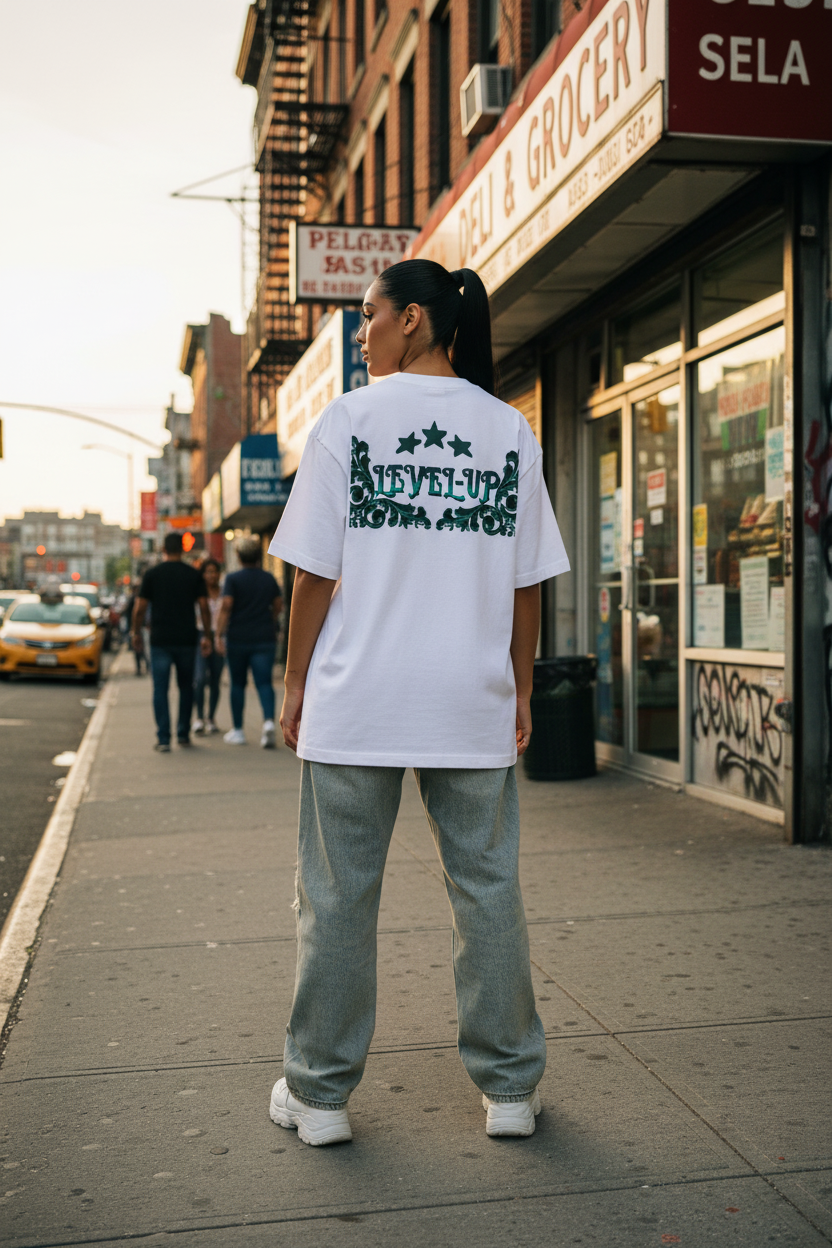 Puerto Rican female model full back view of white Level-Up Boxy Tee outside Bronx deli shop