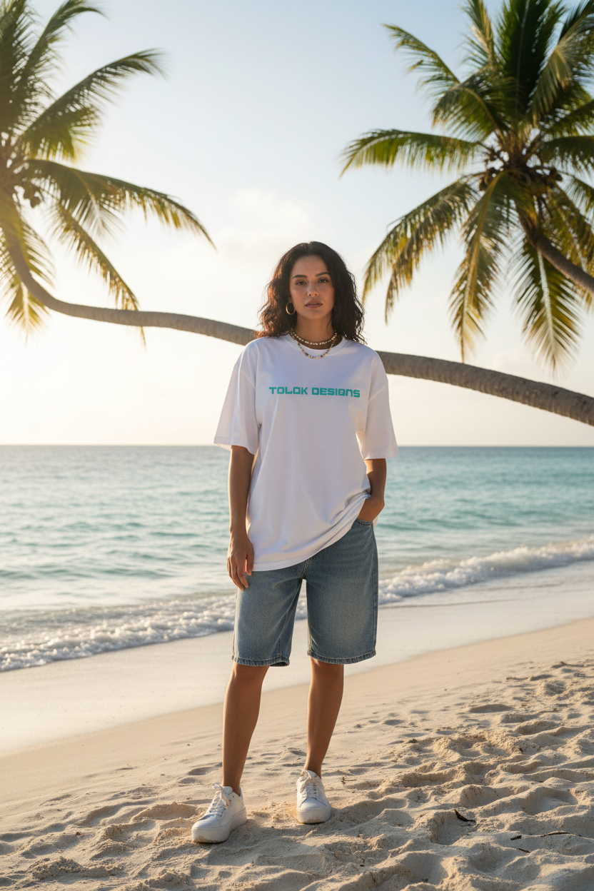 Hispanic female model front TOLOK DESIGNS logo Caribbean beach
