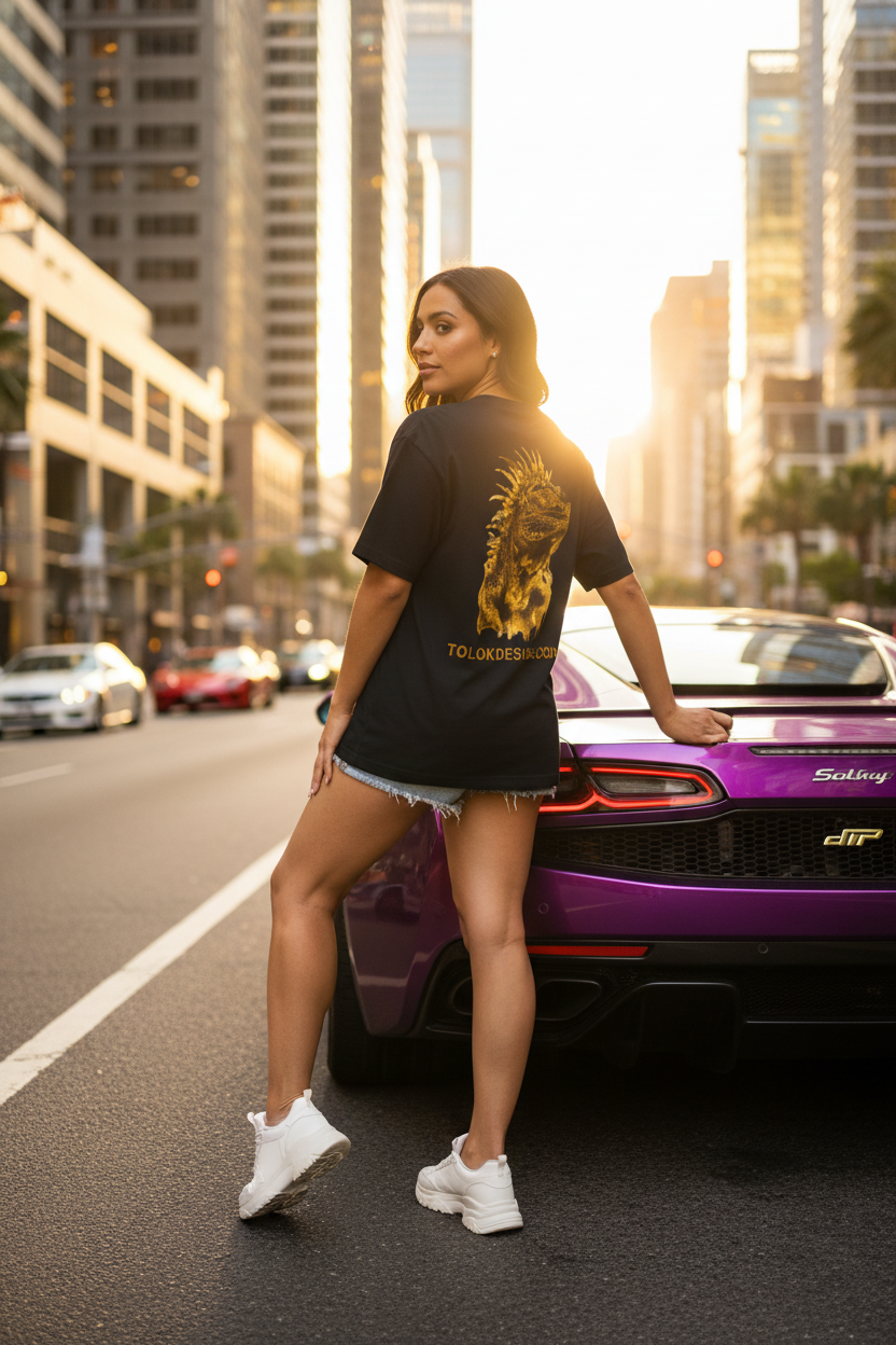 Hispanic female model wearing Iguana Graphic Tee showing back print in shorts in urban city setting with sports cars