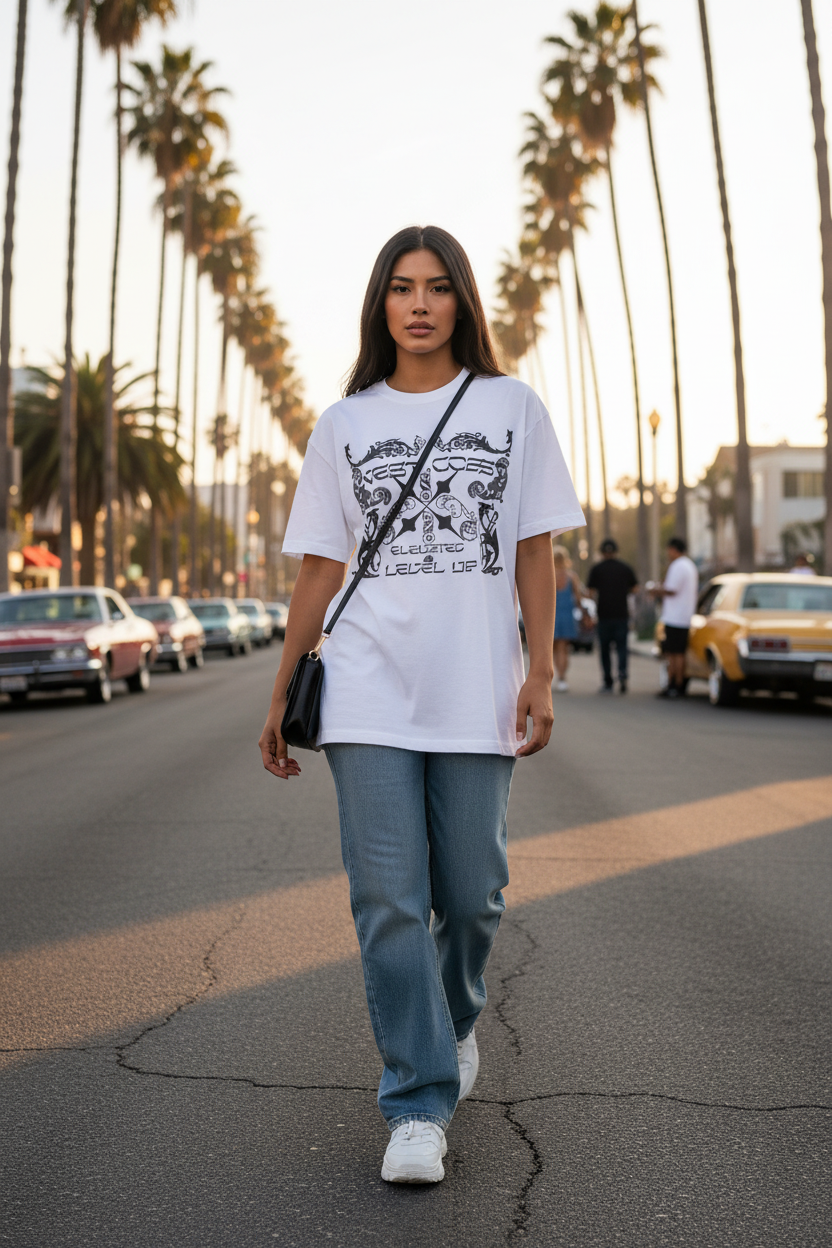 Hispanic female model wearing white West Coast gothic graphic tee in Orange County California