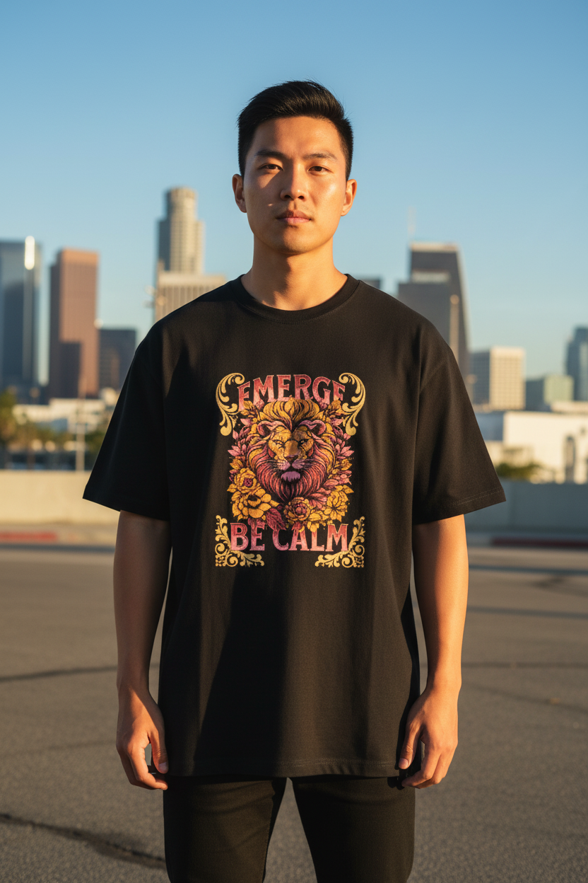 Asian male model wearing Emerge Be Calm Lion T-Shirt in Los Angeles