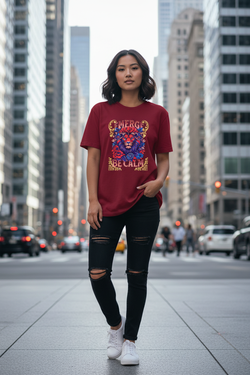 Asian female model wearing red Emerge Be Calm Lion T-Shirt in urban city