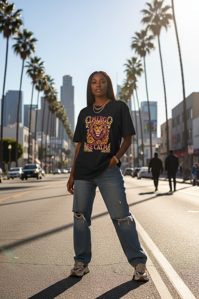Black female model wearing Emerge Be Calm Lion T-Shirt in Los Angeles