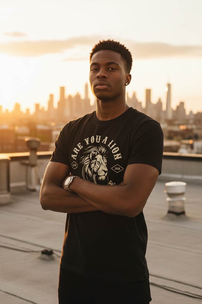 African American man wearing Are You a Lion or a Snake tee on rooftop at sunset