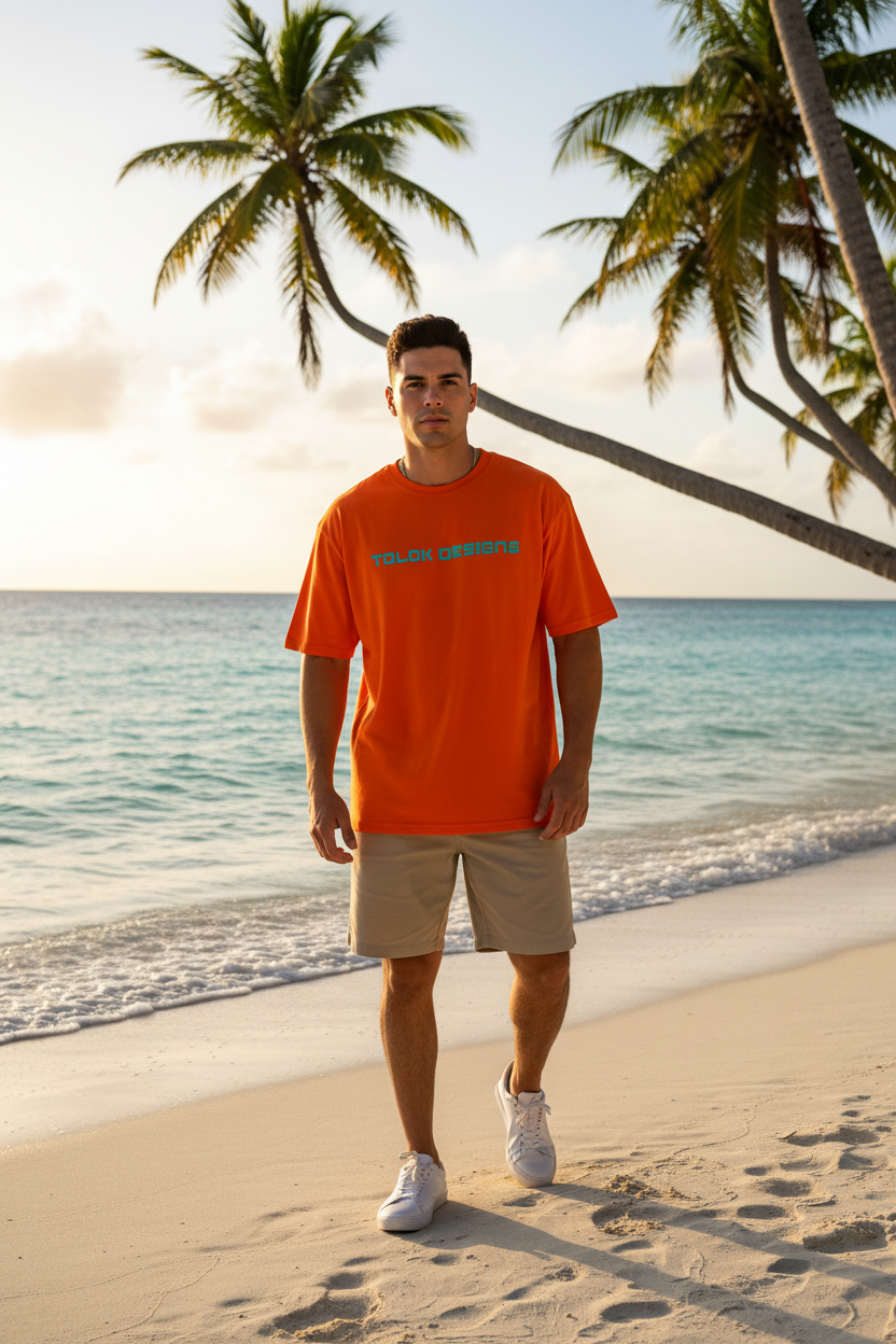 Hispanic male orange tee front TOLOK DESIGNS logo Caribbean beach