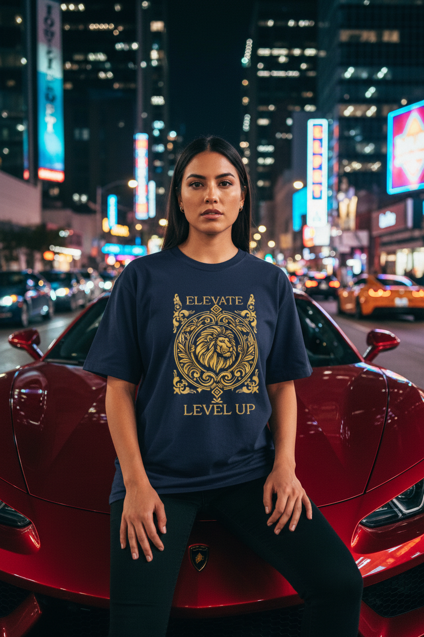 Hispanic female model wearing navy blue Elevate Level Up Lion Graphic Tee in city night setting with sports cars