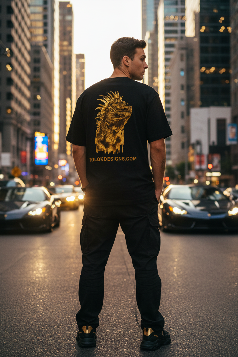 White male model wearing Iguana Graphic Tee showing back print in urban city setting with sports cars