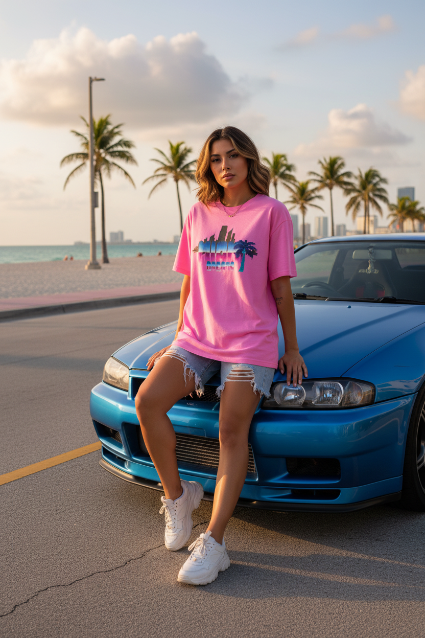 Hispanic female model wearing pink Miami Dreams t-shirt next to R34 GTR on Miami beach street