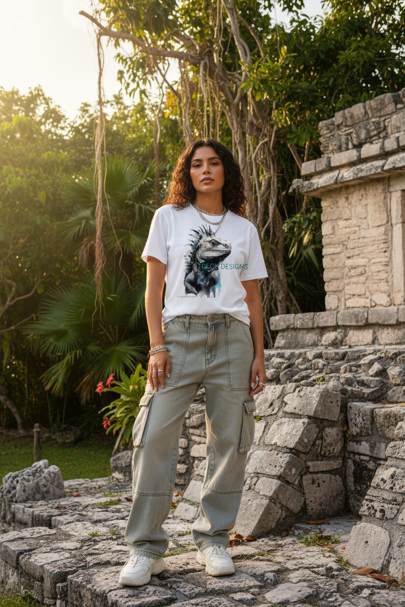 Female Hispanic model wearing TOLOK iguana tee at Mayan temple with Caribbean jungle