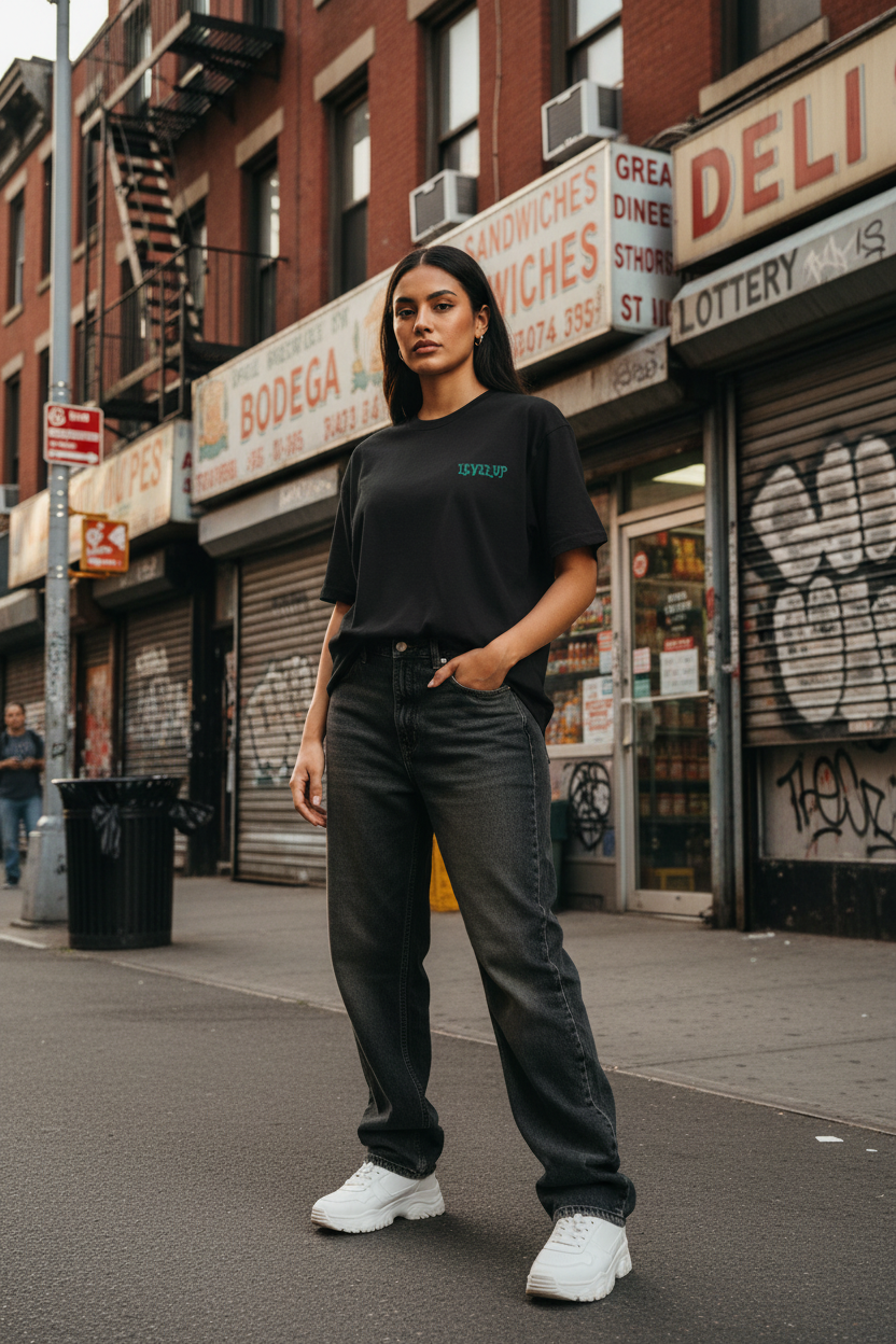Puerto Rican female model wearing black Level-Up Boxy Tee outside Bronx deli shop
