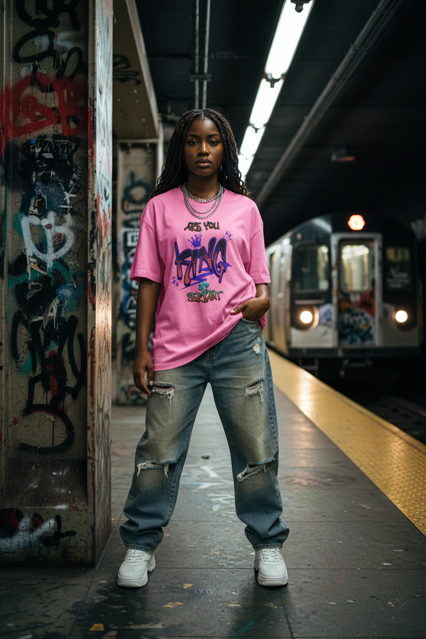 Black female model wearing pink King Graffiti t-shirt in NJ subway