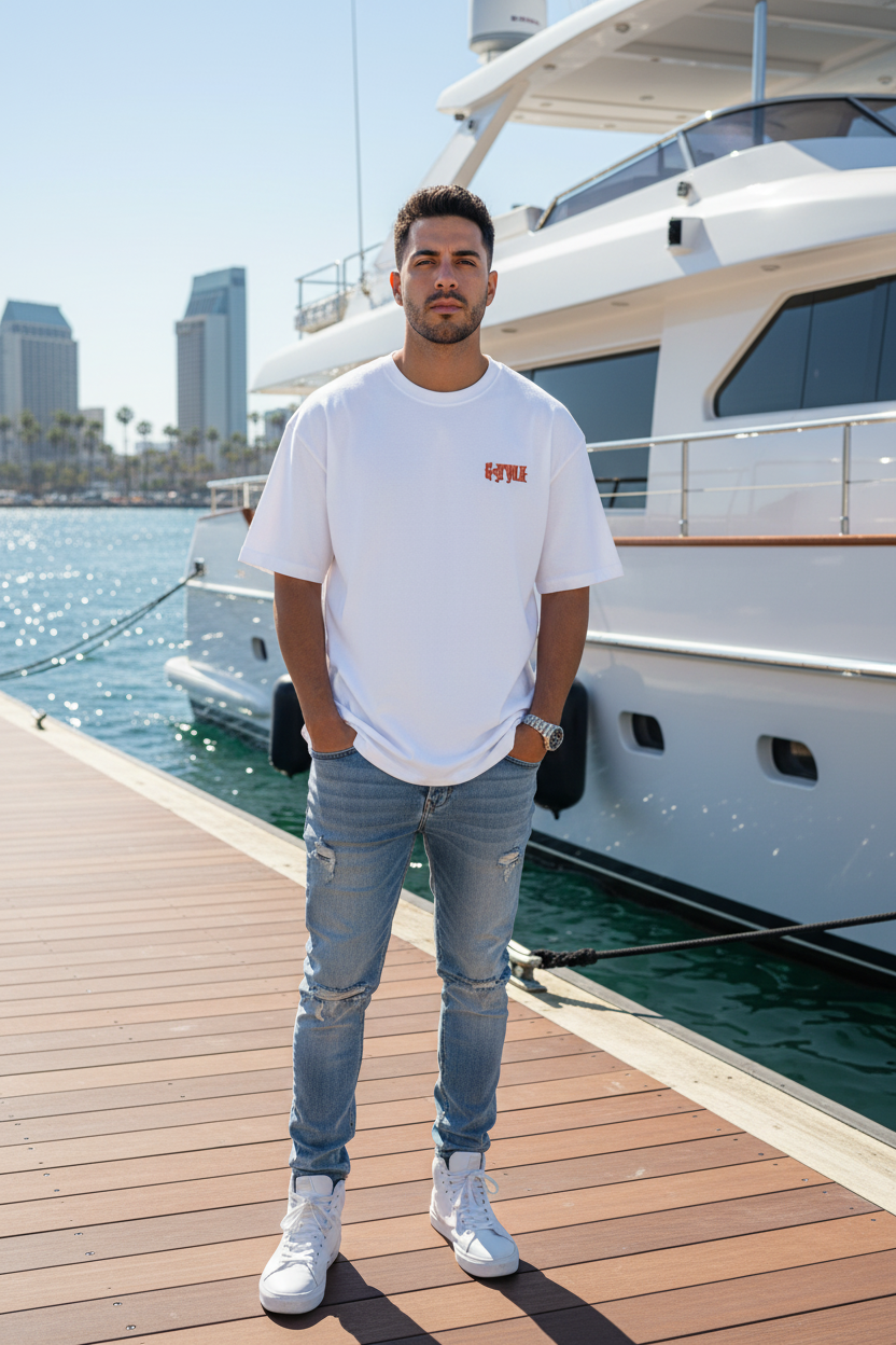 Hispanic male model wearing Money & Sunflowers Graphic Tee front print on yacht dock San Diego