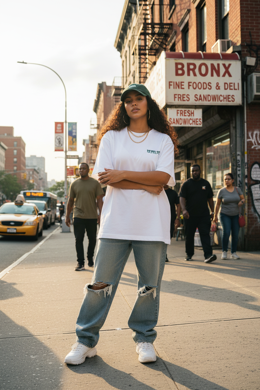 Puerto Rican female model wearing white Level-Up Boxy Tee outside Bronx deli shop