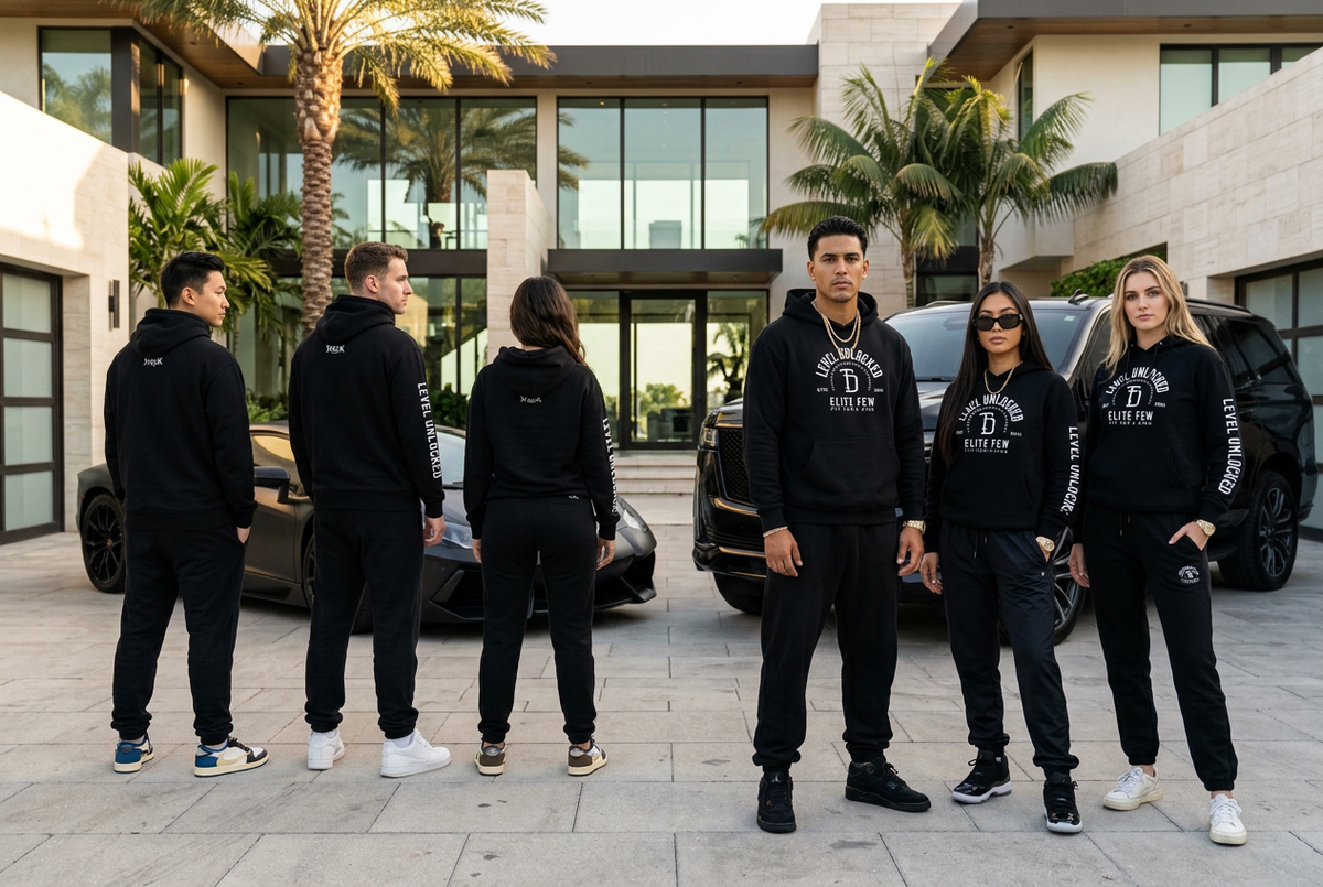 Luxury mansion driveway hoodie campaign with male and female models, athletic styling, Lamborghini and black Escalade