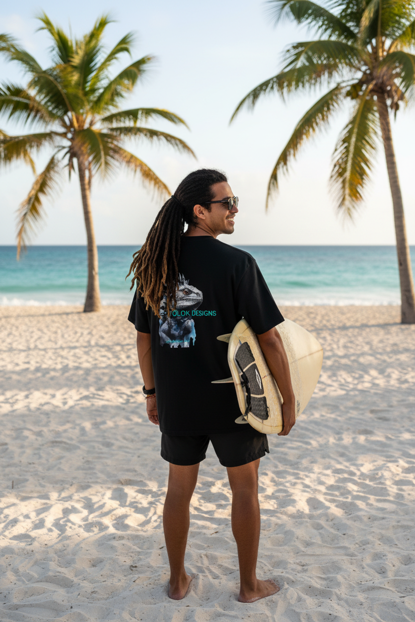 Male Dreads Black Tee Surfer