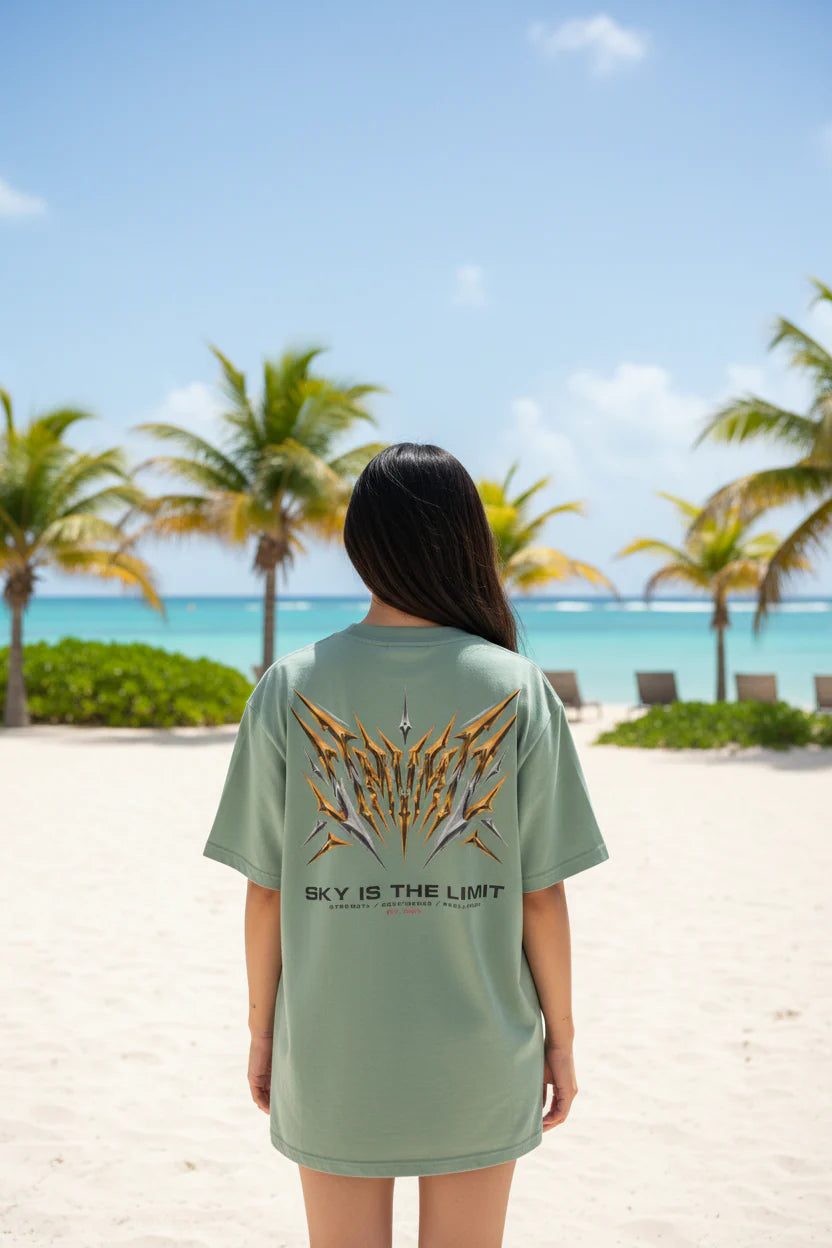 Sky Is The Limit Graphic Tee — Futuristic Tribal Backprint Cotton T-Shirt