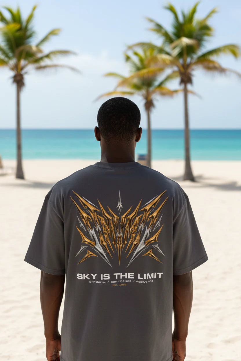 Sky Is The Limit Graphic Tee — Futuristic Tribal Backprint Cotton T-Shirt