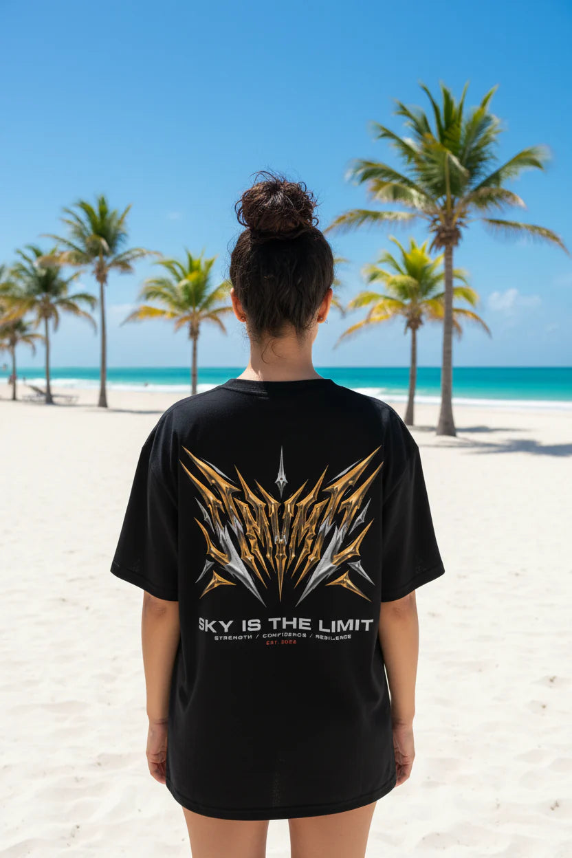 Sky Is The Limit Graphic Tee — Futuristic Tribal Backprint Cotton T-Shirt