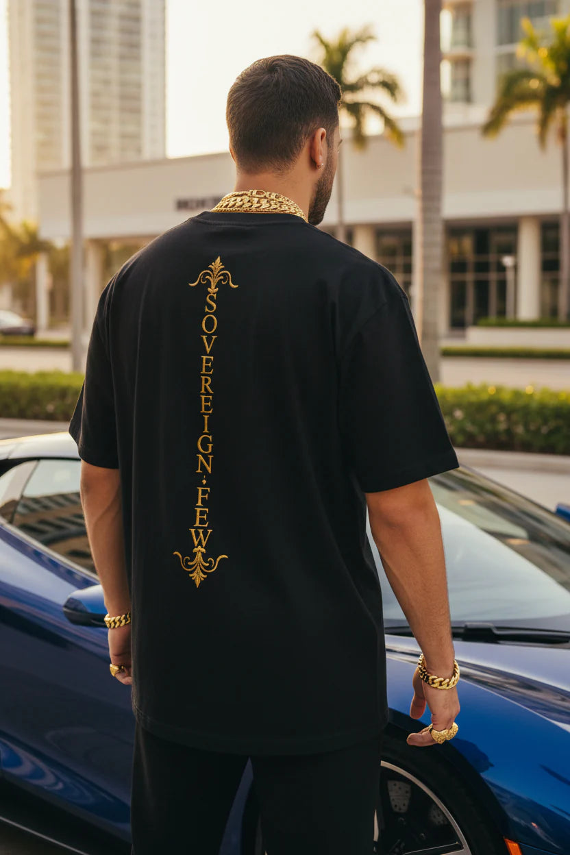 Sovereign Blessings T‑Shirt — Ornate Gold Script Short Sleeve