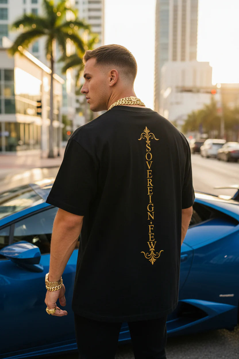 Sovereign Blessings T‑Shirt — Ornate Gold Script Short Sleeve