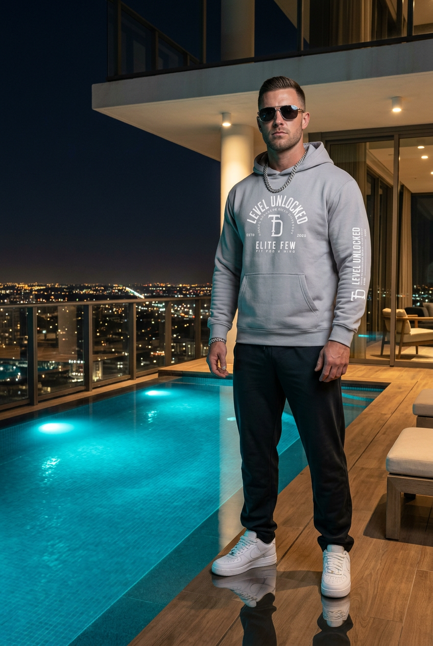 White male model at a luxury condo infinity pool at night